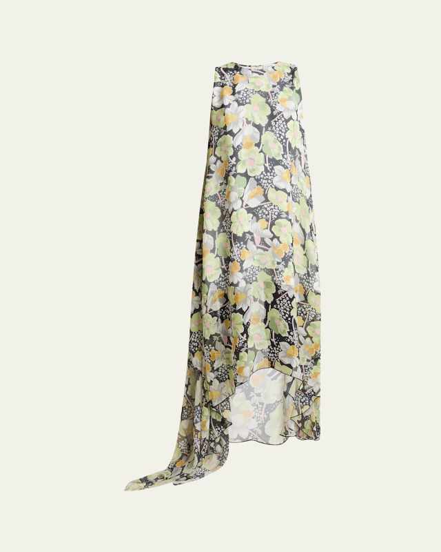 Floral Print Hoop Skirt Maxi Chiffon Silk Dress